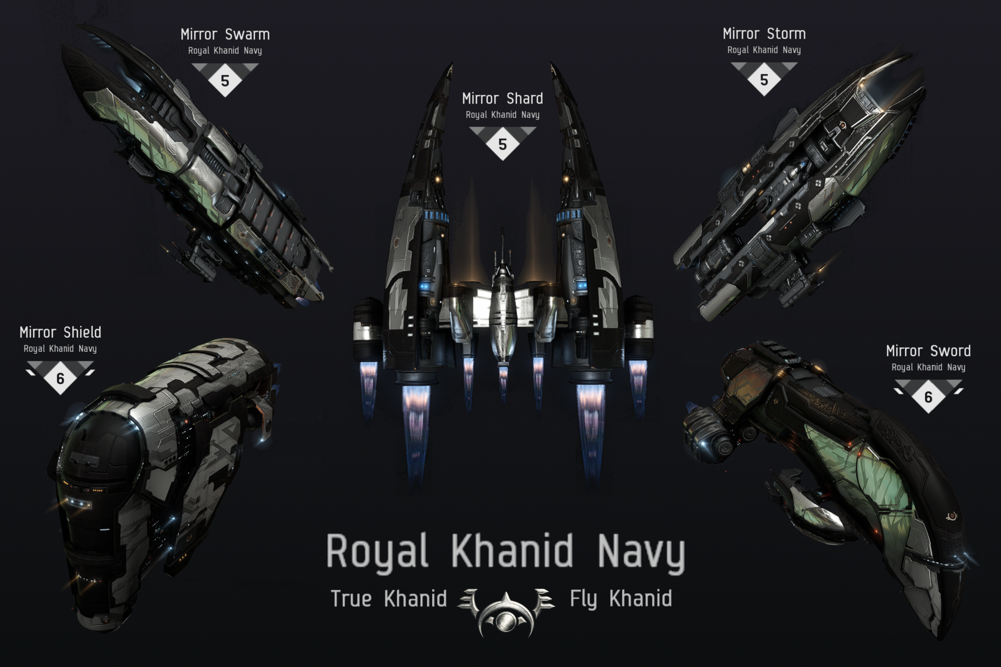 Khanid and Cyber Knight styled EVE Online ships in black silver and emerald colors